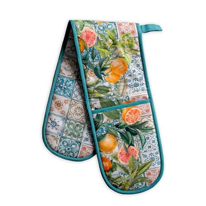 Maison d' Hermine Double Oven Mitts 100% Cotton Double Oven Glove (7"x35") | Heat Resistant BBQ Cooking Gloves with Loop Baking Grilling Kitchen Hotel Home Farmhouse Spring Summer - Agrume - color: 010 - Agrume, size: 7" x 35" (Double Oven Mitt)