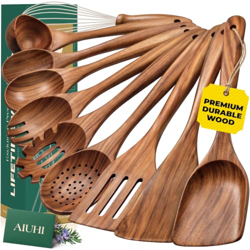 AIUHI 10 Pcs Wooden Spoons for Cooking, Teak Wooden Utensil Set for Nonstick Cookware, Wooden Kitchen Utensils Set with Whisk and Spaghetti Server