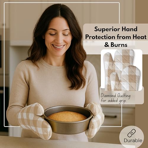 Native Fab Buffalo Plaid Check Oven Mitts and Pot Holders Set of 4, 100% Cotton Heat Resistant Kitchen Gloves, 2 Oven Mitts (7x13), 2 Pot Holders (8x8) for Cooking & Baking, Beige White - color: Buffalo, Beige