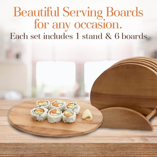 Woodard & Charles Acacia Wood 6 Serving Boards with Stand, 7 Piece Set | 9.5" x 6.5" Wood Serving Boards on a Stand; Serve Sushi, Cheese, Charcuterie, Appetizers and Small Bites for Any Party - color: Brown, size: 7 Piece Set