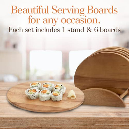 Woodard & Charles Acacia Wood 6 Serving Boards with Stand, 7 Piece Set | 9.5" x 6.5" Wood Serving Boards on a Stand; Serve Sushi, Cheese, Charcuterie, Appetizers and Small Bites for Any Party - color: Brown, size: 7 Piece Set