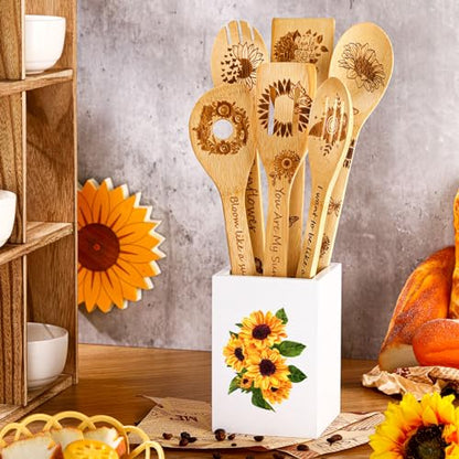 7 Pcs Sunflower Kitchen Utensils Set Bamboo Spoons for Cooking with Utensils Holder Sunflower Kitchen Decor Cute Utensil Caddy Farmhouse Kitchen Counter Decor for Countertop