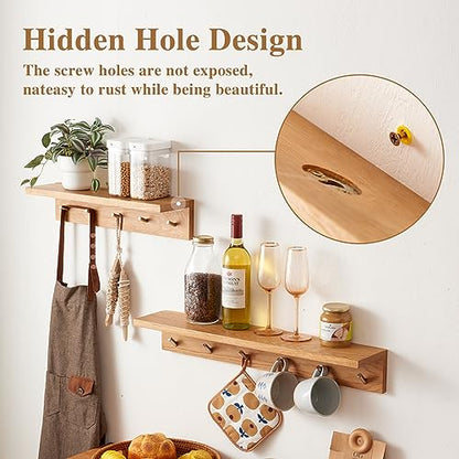 Oak Wood Coat Rack Wall Mount With Shelf 27.5 Inch Long, Entryway Floating Shelf With 6 Hooks for Bathroom, Hallway, Living Room - size: 27.5 Inch