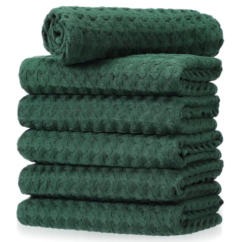 Flutesan 6 Pcs Waffle Weave Hand Towels for Bathroom, Dark Green | 100% Cotton Absorbent Hand Towel, Quick Dry Soft Dish Towel, Fall Thanksgiving Kitchen Farmhouse Decor, Boho Decorative Gift - color: Dark Green