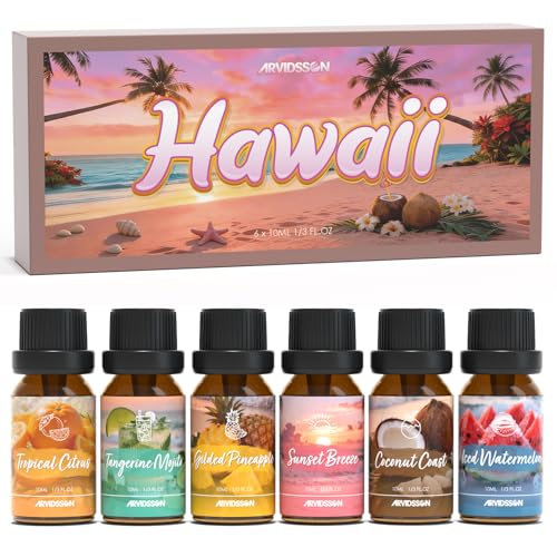 ARVIDSSON Hawaii Fragrance Oil Set, Summer Essential Oils for Diffuser, Tropical Scent Oils - Sunset Breeze, Coconut Coast, Gild Pineapple, Tropical Citrus, Iced Watermelon, Tanderine Mojito - color: Pink