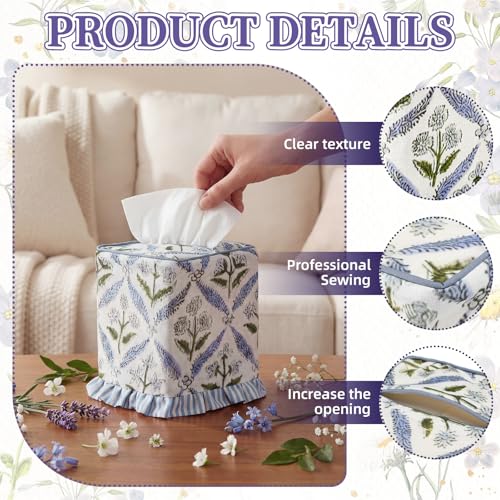 Blue Striped Ruffles Fabric Tissue Box Cover - Floral Print Tissue Box & Decorative Square Napkin Holder Handmade Cotton for Home Bedroom Vanity Countertop Night Stands Office - style: Striped Ruffles