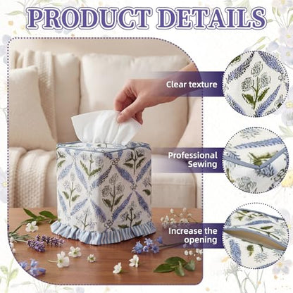Blue Striped Ruffles Fabric Tissue Box Cover - Floral Print Tissue Box & Decorative Square Napkin Holder Handmade Cotton for Home Bedroom Vanity Countertop Night Stands Office - style: Striped Ruffles