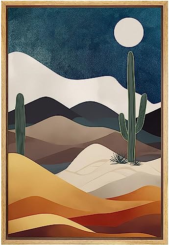 SIGNFORD Framed Canvas Print Wall Art Midnight Moon Cactus Desert Dune Nature Wilderness Illustrations Decorative Bohemian Rustic Mid-Century Modern Desert Landscape for Bedroom - 16"x24" Natural - color: A04-2307-yuk01, size: 24"L x 16"W