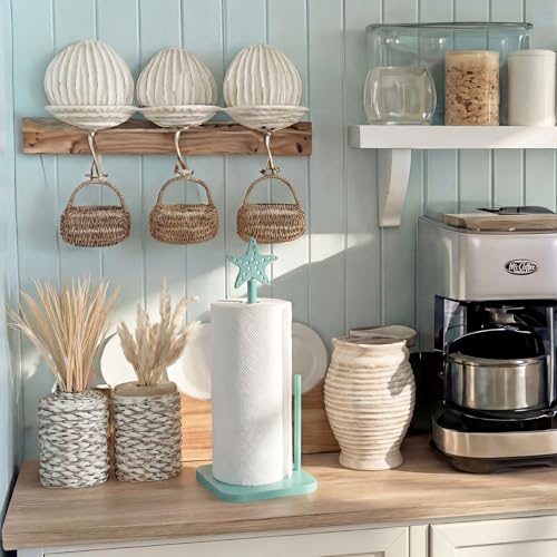 Leinuosen Beach Starfish Paper Towel Holder Rustic Beach Coastal Wooden Paper Towel Holder Turquoise Blue Nautical Ocean Bathroom Accessories Kitchen Roll Stand Organizer Apartment Housewarming Gift - style: Grey Green starfish