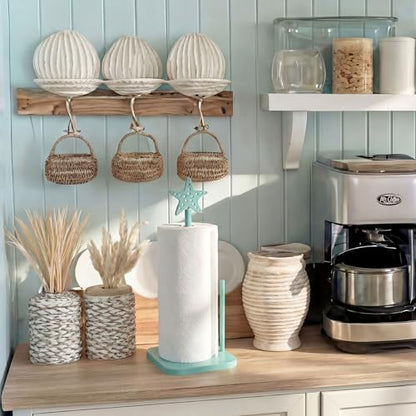 Leinuosen Beach Starfish Paper Towel Holder Rustic Beach Coastal Wooden Paper Towel Holder Turquoise Blue Nautical Ocean Bathroom Accessories Kitchen Roll Stand Organizer Apartment Housewarming Gift - style: Grey Green starfish