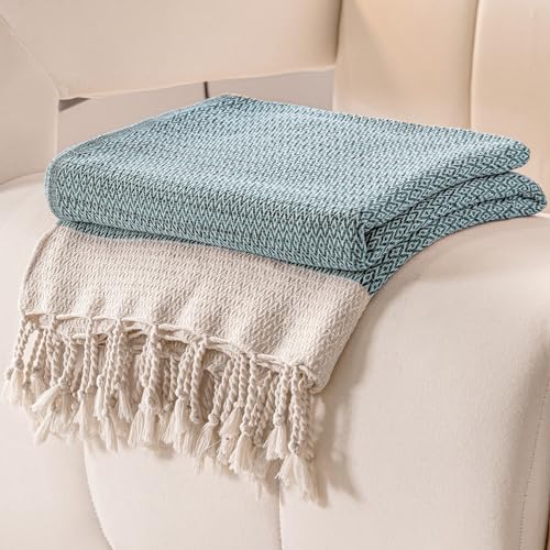 Peshtemania Premium Cotton Throw Blanket, 50x60 inches, Light Blue, Turkish Herringbone, Farmhouse Decor, Yoga Blanket, Picnic Blanket - color: Light Blue