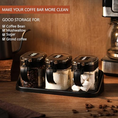 3 Pcs Sugar Coffee Container Set 16 oz Glass Condiment Jar Spice Container Coffee Station Organizer Set with Lable Stickers Scoop for Bean and Sugar Candy, Oats, Nuts (Black) - color: Black