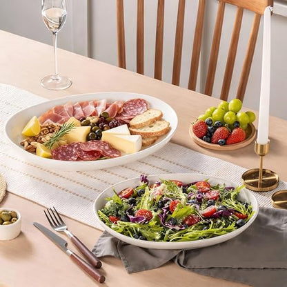 Oval Serving Platters Set of 2 (14" & 12"), Large Wide Ceramic Serving Dishes for Entertaining, Turkey, Fish, Salad, Oven Safe White Porcelain Serving Plates