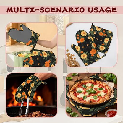 Black Cat Flowers Heat-Resistant Silicone Oven Mitts and Pot Holder 4 Piece Set,Non-Slip Kitchen Oven Gloves for Baking, BBQ, Cooking,Grilling - color: Black Cat Flowers
