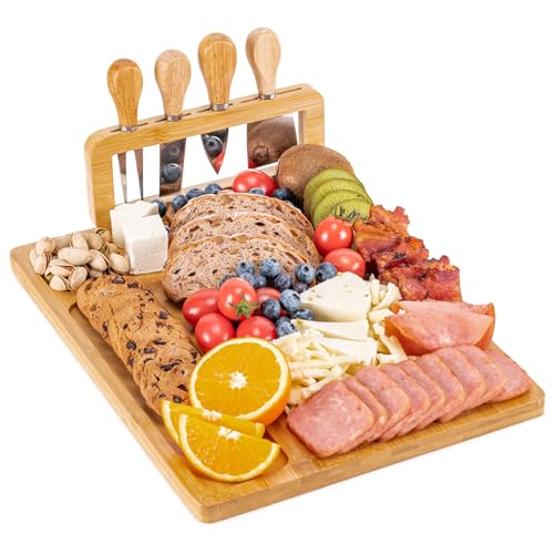 AISOSO Charcuterie Boards,Personalized Bamboo Cheese Board Set with 4 Knife | Lightweight and Elegant Serving Platter Accessories for Entertaining Party Picnic, Housewarming and Wedding