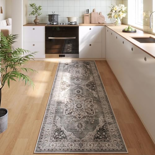 Rugcomf Vintage Medallion Kitchen Rugs Non Slip Washable 2'7"x8' - Low Pile Runner Rug, Boho Carpet for Hallways, Laundry, Bedroom, Bathroom - Grey and White - color: Grey and White - Central Medallion, size: 2'7" x 8' (Rectangular)