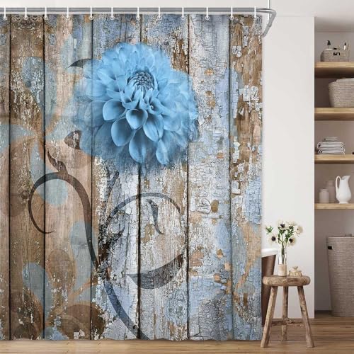 JAWO 4 Piece Blue Dahlia Dahlia Flower on Rustic Wooden Plank Country Style Shower Curtain Sets with Non-Slip Rugs, Toilet Lid Cover and Bath Mat, Shower Curtain with 12 Hooks - color: Blue, size: 5'10" x 5'10" (Rectangular)