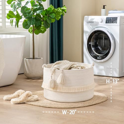 KAKAMAY Large Blanket Basket (20"x13"),Woven Baskets for storage Baby Laundry Hamper, Cotton Rope Blanket Basket for Living Room, Laundry, Nursery, Pillows, Baby Toy chest (White) | Extra Large Capacity,Blanket Storage | Laundry Basket | Natural Cotton Ro