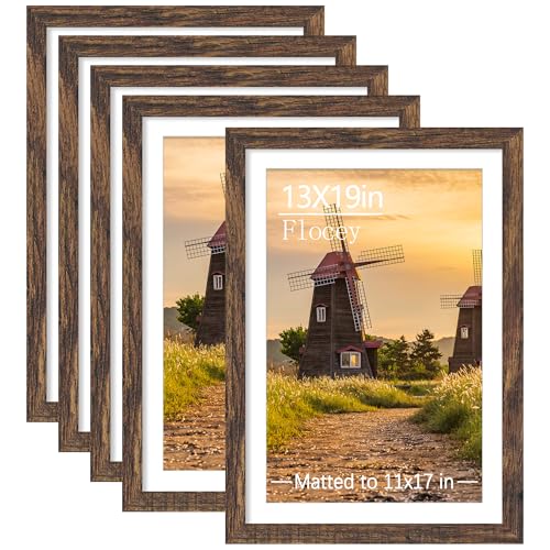 13x19 Picture Frame Set of 5, Rustic Brown Poster Frame, Display Pictures 11 x 17 with Mat or 13 x 19 Without Mat for Horizontal or Vertical Wall Mounting, Wall Gallery Frame - color: Rustic Brown, size: 13x19-5PACK