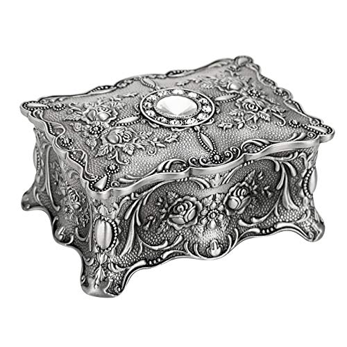 Hipiwe Vintage Trinket Jewelry Box for Ring Earrings Necklace Organizer | Rectangular Jewelry Decorative box Engraved Treasure Chest Case Keepsake Gift Box for Women (Metallic Grey, Small) - color: Metallic Grey, size: Small