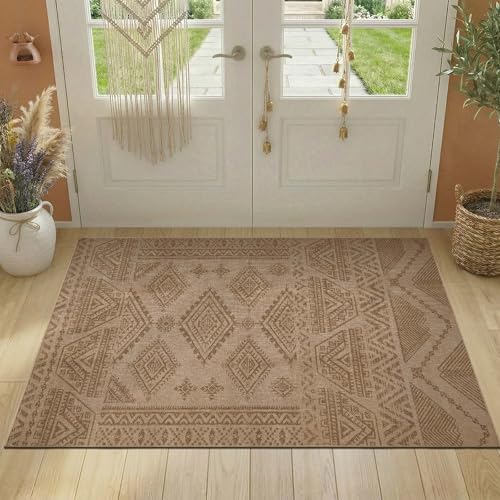jinchan 3x5 Faux Jute Area Rug Washable Boho Entryway Rug, Natural Taupe | Southwestern Geometric, Non-Slip, Low Pile, Indoor Outdoor, Kitchen, Bathroom, Laundry Room, Porch, Balcony, Bedroom, Patio - color: Natural Taupe, size: 3' x 5' (Rectangular)