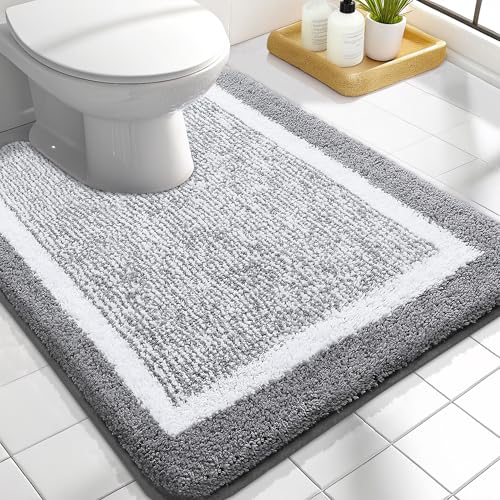 OLANLY Toilet Rugs U-Shaped 24x20, Soft Absorbent Microfiber Bath Mat, Grey | Non-Slip, Machine Washable, Quick Dry Shaggy Bath Carpet, Suitable for Bathroom Floor, Tub, Shower - color: Grey and White, size: 24" X 20" Contour Rug