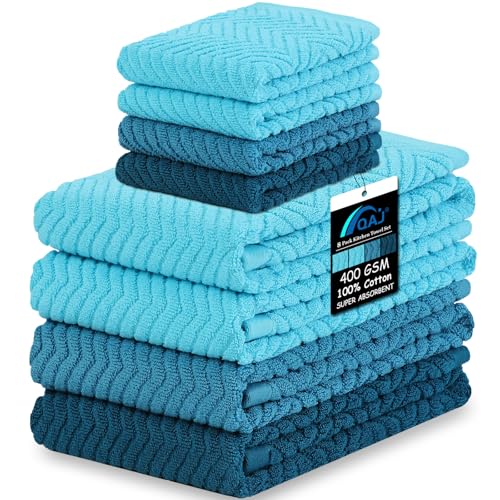 100% Cotton Kitchen Towels and Dishcloths Set, Pack of 8 Super Absorbent 16" x 25" Kitchen Towels and 13" x 13" Dish Cloths (400 GSM) - color: Ocean Set, style: 8-Piece Set