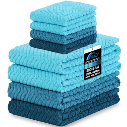 100% Cotton Kitchen Towels and Dishcloths Set, Pack of 8 Super Absorbent 16" x 25" Kitchen Towels and 13" x 13" Dish Cloths (400 GSM) - color: Ocean Set, style: 8-Piece Set