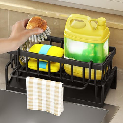 Kitchen Sink Organizer With Auto Draining Tray, Sponge Holder For Kitchen Sink Stable No-Slip Sink Caddy Sponge Holder Drain Basket With Towel Hanging Rod Kitchen Organization For Sponge Soap (Black)