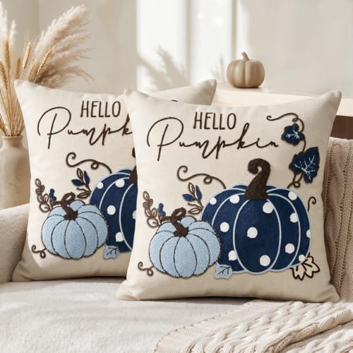 AVOIN colorlife Blue Pumpkin Fall Throw Pillow Covers 18x18 Inch | Hello Pumpkin Polka Dot Embroidered Tufted Patterned Linen Cushion Case Decoration for Sofa Couch Set of 2 - color: Blue, size: 18" x 18" (Pack of 2)