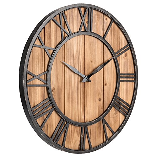 Oldtown Farmhouse Metal & Solid Wood Noiseless Wall Clock (Wood, 24-inch) - color: Wood, size: 24-inch