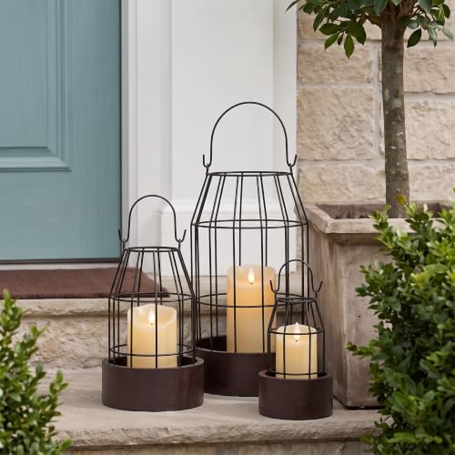 Rustic Farmhouse Lantern Decoration Set of 3, Modern Decorative Lanterns Indoor Outdoor, Metal Candle Holders for Porch Patio Fireplace Mantle Dining Room Table(Dark Brown, Black) - color: Dark Brown, Black