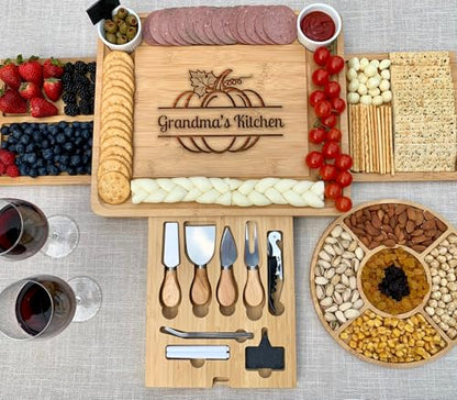 Engraved Charcuterie Board Gift – Custom Bamboo Cheese Tray 15.25" x 13" with Utensils – Wedding Registry, Housewarming & Holiday Present - color: Design #29