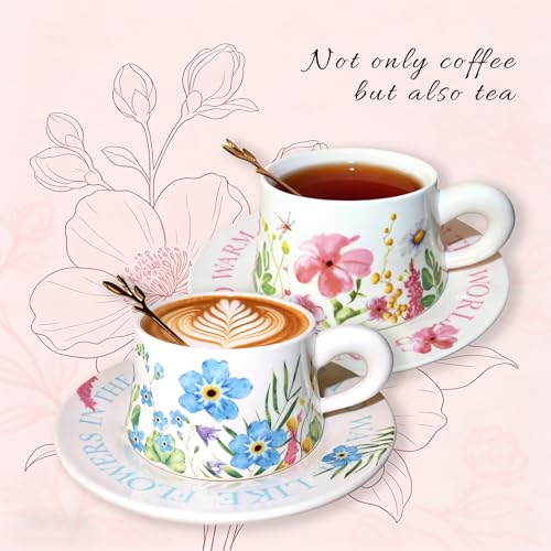 Tea Cup Set with 2 Cups & Saucers, 9.5 OZ Espresso Coffee Mugs | Vintage Ceramic Teacup and Saucer Set with 2 Spoons for Coffee, Tea, Latte, Cappuccino & Creative Drink Serving