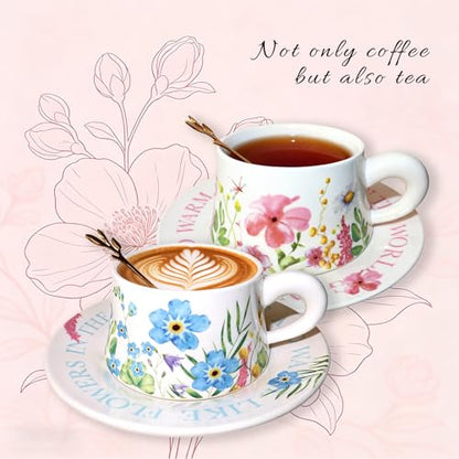 Tea Cup Set with 2 Cups & Saucers, 9.5 OZ Espresso Coffee Mugs | Vintage Ceramic Teacup and Saucer Set with 2 Spoons for Coffee, Tea, Latte, Cappuccino & Creative Drink Serving