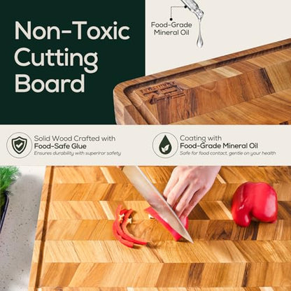 EZ FURNITURE Extra Large (XL) Teak Edge Grain Cutting Board, Reversible, Knife-Friendly Charcuterie Butcher Block, Juice Groove & Handles, Non-Toxic, Gift Box Included (Herringbone, 24" x 18" x 1.15") - color: XL - Herringbone 1.2, size: 24"L x 18"W