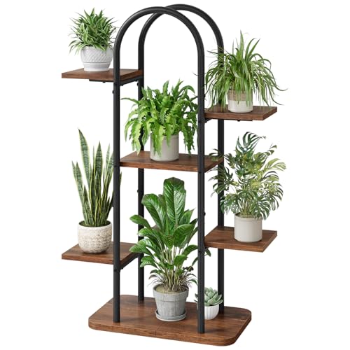 Gewudraw Plant Stand Indoor, 6-Tier Metal Plant Shelf, Rustic Brown | Flower Stand for Multiple Plants, Farmhouse Style Plant Display Shelf for Living Room, Balcony, Patio, Garden - color: Rustic Brown
