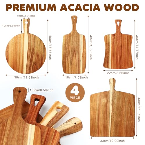 SiliFine 4 Pcs Acacia Wood Cutting Boards with Handles, Elegant | Thick Butcher Block, Reversible Surface, Natural Acacia Hardwood, Assorted Sizes Nest for Storage, Easy-grip Handle Design - style: Elegant