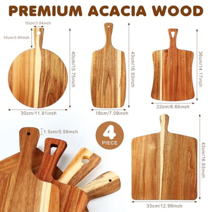 SiliFine 4 Pcs Acacia Wood Cutting Boards with Handles, Elegant | Thick Butcher Block, Reversible Surface, Natural Acacia Hardwood, Assorted Sizes Nest for Storage, Easy-grip Handle Design - style: Elegant