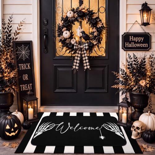 Tinideya 2 Pcs Summer Halloween Door Mats Outdoor Gothic Skull Welcome Front Doormat Linen Rubber Layered Black White Striped Skeleton Mats Nonslip Washable Halloween Decor for Front Porch Entryway - size: 16 x 28 Inch,24 x 35 Inch, style: Skull