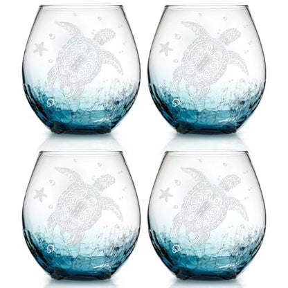 Physkoa Sea Turtle Stemless Wine Glasses-13.5oz Hand blown Stemless Wine Glasses set of 4 - Crackle teal design turtle wine glasses-Sea turtle lovers Gifts for Birthday(White) - color: White（4 Count）