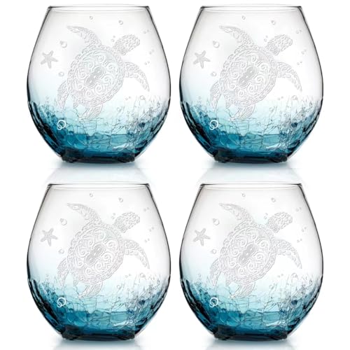 Physkoa Sea Turtle Stemless Wine Glasses-13.5oz Hand blown Stemless Wine Glasses set of 4 - Crackle teal design turtle wine glasses-Sea turtle lovers Gifts for Birthday(White) - color: White（4 Count）