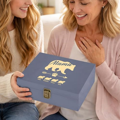 Personalized Wooden Memory Box for Mom – Custom Engraved Mama Bear Keepsake Box with Names, Mother’s Day Gift for Mom, Photo Storage & Memory Chest - style: 19. Mama Bear Designs