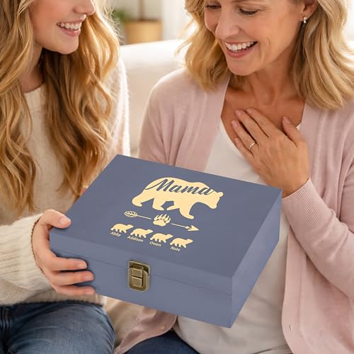 Personalized Wooden Memory Box for Mom – Custom Engraved Mama Bear Keepsake Box with Names, Mother’s Day Gift for Mom, Photo Storage & Memory Chest - style: 19. Mama Bear Designs
