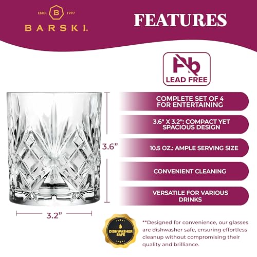 Barski Whiskey Glasses - Double Old Fashioned Rocks Glass - Set of 4 Lowball Tumbler - DOF Crystal Glass Tumblers - For Scotch - Bourbon - Water - Beverage - Drinking Glasses - 10.5 oz, Made in Europe - size: Set of 4 Tumbler 10.5 oz