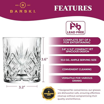 Barski Whiskey Glasses - Double Old Fashioned Rocks Glass - Set of 4 Lowball Tumbler - DOF Crystal Glass Tumblers - For Scotch - Bourbon - Water - Beverage - Drinking Glasses - 10.5 oz, Made in Europe - size: Set of 4 Tumbler 10.5 oz