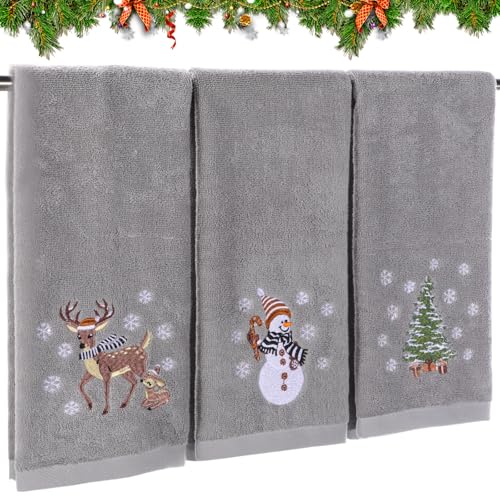 Tiamon 3 Pack Christmas Hand Towels for Bathroom Set Cotton Embroidered 13.7'' x 29.5'' Xmas Snowflake Dish Tea Fingertip Towel Cloths Decorative for Winter Holiday Kitchen Bath Gift (Gray, Elk) - color: Gray, style: Elk