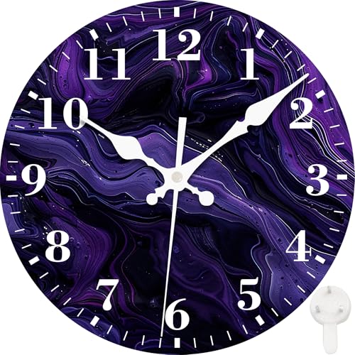 Wall Clocks Battery Operated, Black Purple Swirls Marble Texture Silent Non Ticking Decorative Indoor Outdoor Wall Clocks for Living Room Kitchen Bedroom Bathroom 12" - color: Black Purple Swirls Marble Texture