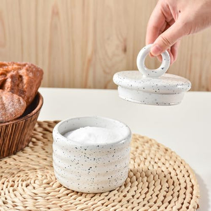 Salt Cellar Keeper with Ceramic Lid, Big Capacity Ceramic Sugar Bowls Pepper Box, Speckled Glaze Seasoning Container Condiment Pot for Kitchen (White) - color: White