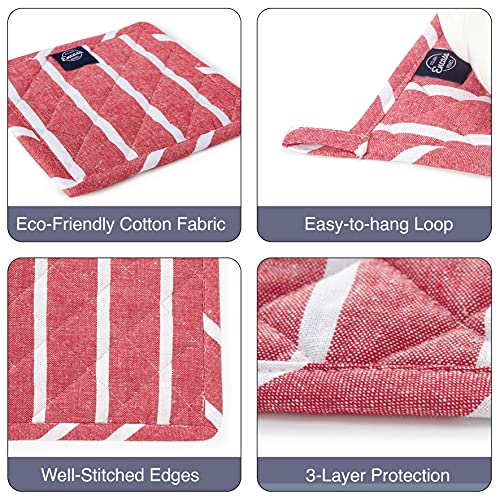Encasa XO Pot Holders, Quilted Kitchen Hot Pads 8"x8" Roma Red Stripes | 100% Eco-Friendly Cotton | Thick Cotton Padding Insulation | Convenient Hanging Loop | Set of 2 - color: Roma Red Stripes